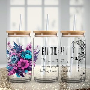 Bitchcraft 16oz clear or frosted glass cup/bamboo lid/plastic straw/teal and purple flowers/celestial moon/funny gift/cuss word mug