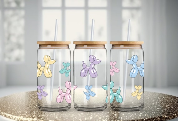 Balloon Dogs 16oz clear or frosted glass cup/bamboo lid and plastic  straw/cute dogs/birthday gift/fun cup/cold drink glass cup/cute gift