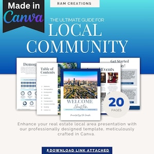 May include: A professionally designed real estate presentation template, created in Canva. The cover features a cityscape with the text "WELCOME Houston". The guide includes 20 pages and a table of contents. The text "Made in Canva" is visible.