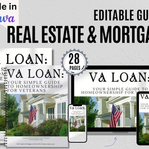 May include: A digital product mockup showing a 28-page guide titled "VA Loan: Your Simple Guide to Homeownership for Veterans". The guide is shown on a laptop, tablet, and smartphone. The guide features a house with an American flag in the front yard.