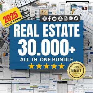 Könnte beinhalten: Eine blaue und weiße Grafik mit dem Text "2025 Collection" und "Real Estate 30.000+ All in One Bundle". Die Grafik ist von Bildern von Immobilien-Dokumenten und Formularen umgeben. Unter dem Text befinden sich fünf gelbe Sterne. Ein goldener Kreis mit dem Text "100% Best Quality" befindet sich in der unteren rechten Ecke.