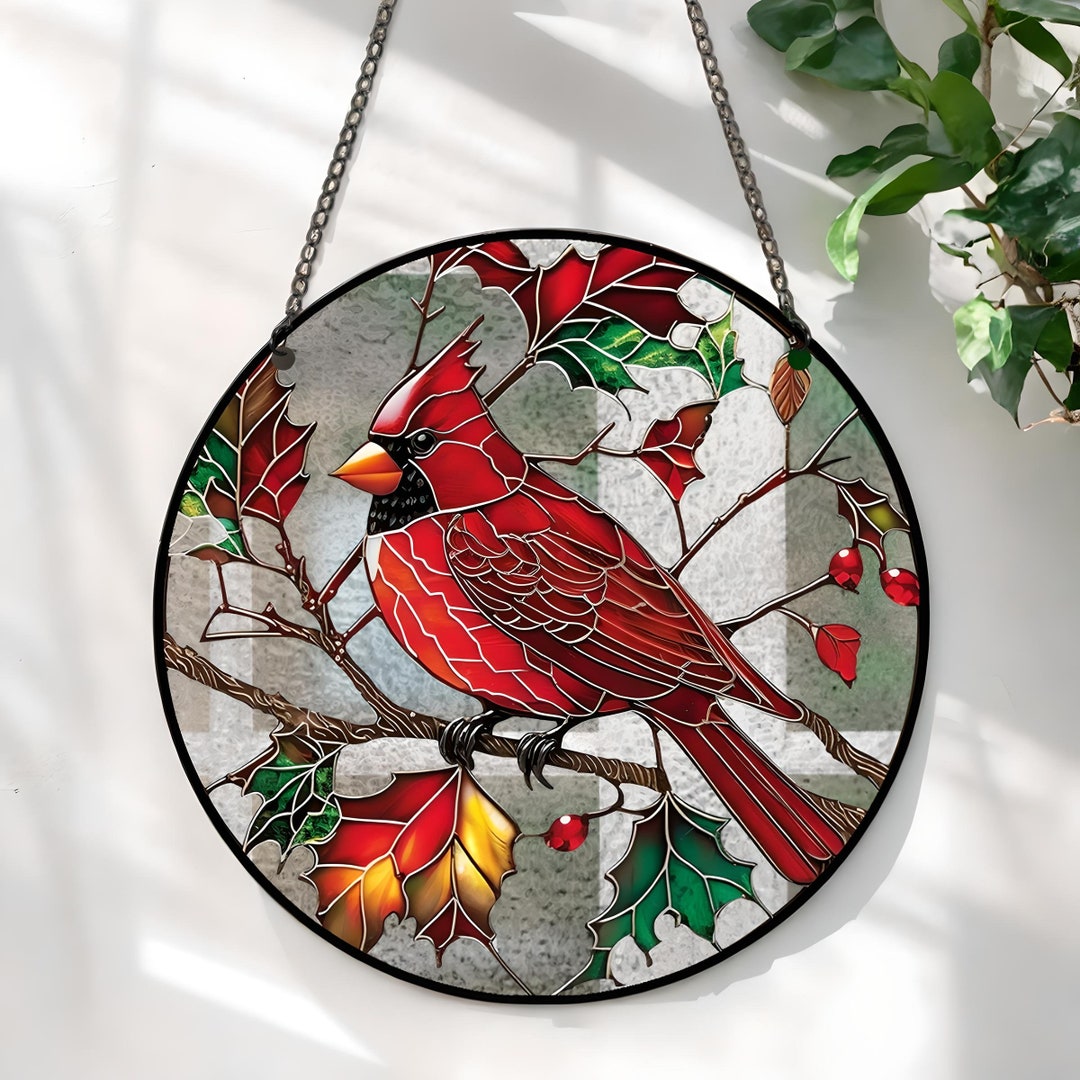 Marwey Cardinal Suncatcher, Cardinal Stained Glass Window Hanging, Red Birds Decor For Window, 6.3in Colorful Hand Painted Glass Hanging