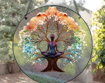 Yoga Tree of Life Stained Suncatcher, Stained Glass Suncatcher, Sun Catcher, Window Hanging, Wall Art, Custom Suncatcher, Mothers Day Gift