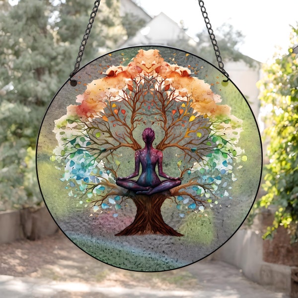 Yoga Tree of Life Stained Suncatcher, Stained Glass Suncatcher, Sun Catcher, Window Hanging, Wall Art, Custom Suncatcher, Mothers Day Gift