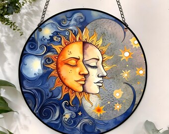 Sun and Moon Stained Glass Suncatcher, Stained Glass Suncatcher, Sun Catcher, Window Hanging, Wall Art, Custom Suncatcher, Mothers Day Gift