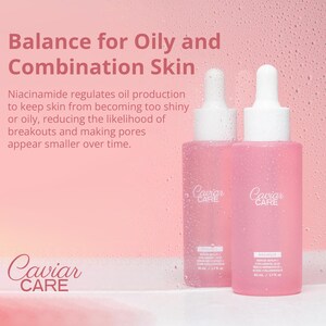 May include: Two clear glass bottles with pink liquid and white labels. The bottles are labeled "Caviar Care" and contain a serum for oily and combination skin. The text "Balance for Oily and Combination Skin" is at the top of the image.