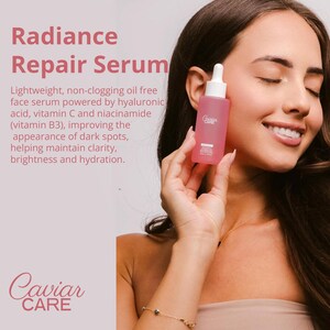 May include: A pink bottle of Caviar Care Radiance Repair Serum with a dropper. The bottle is labeled with the product name and ingredients. The serum is lightweight, non-clogging, oil-free, and powered by hyaluronic acid, vitamin C, and niacinamide. It helps improve the appearance of dark spots, maintain clarity, and provide brightness and hydration.