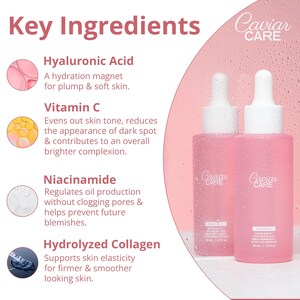 May include: Pink and white bottles of Caviar Care serum with key ingredients listed: Hyaluronic Acid, Vitamin C, Niacinamide, and Hydrolyzed Collagen.