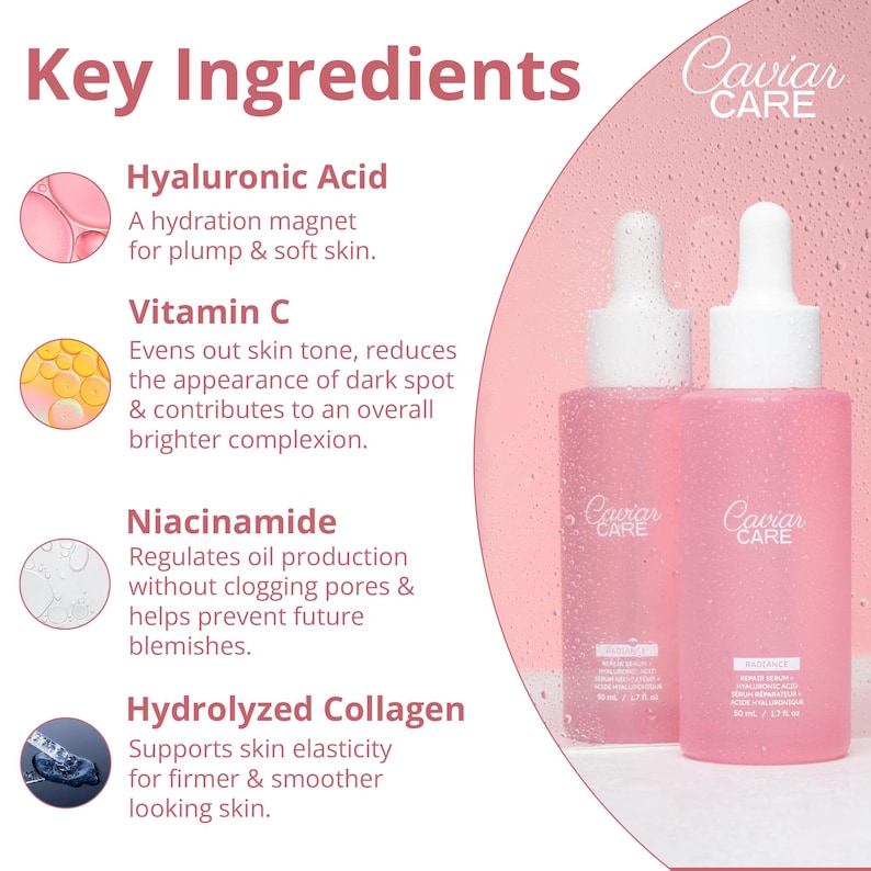 May include: Pink and white bottles of Caviar Care serum with key ingredients listed: Hyaluronic Acid, Vitamin C, Niacinamide, and Hydrolyzed Collagen.