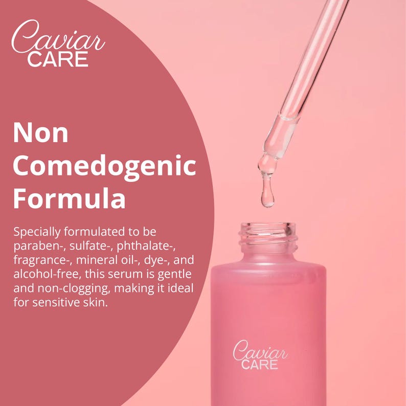 May include: A pink bottle with a dropper, labeled "Caviar CARE" and the text "Non Comedogenic Formula". The bottle is on a pink background and the text describes the product as being paraben-, sulfate-, phthalate-, fragrance-, mineral oil-, dye-, and alcohol-free.