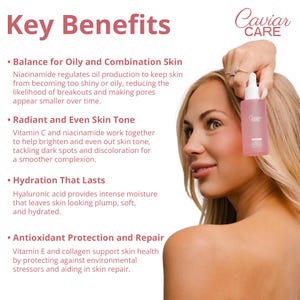 May include: A pink bottle with a dropper labeled "Caviar Care" with text highlighting the key benefits of the product: balance for oily and combination skin, radiant and even skin tone, hydration that lasts, and antioxidant protection and repair.