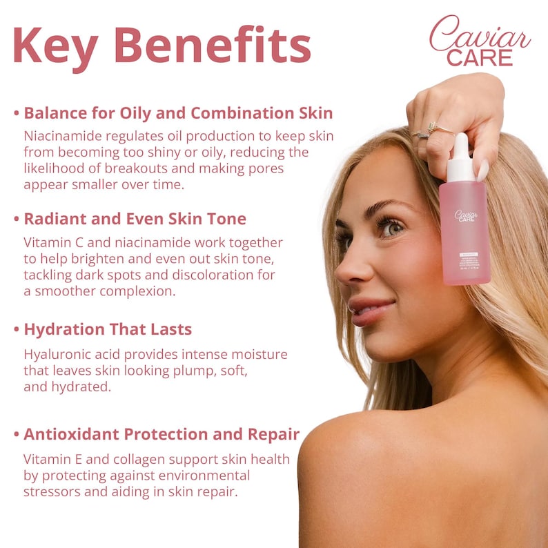 May include: A pink bottle with a dropper labeled "Caviar Care" with text highlighting the key benefits of the product: balance for oily and combination skin, radiant and even skin tone, hydration that lasts, and antioxidant protection and repair.