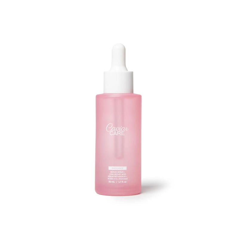 May include: A pink glass bottle with a white dropper top. The bottle is labeled "Caviar Care" and contains a serum for skin brightening, wrinkle reduction, and skin hydration. The bottle is 30 ml / 1 fl oz.