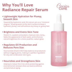 May include: A pink glass bottle of Caviar Care Radiance Repair Serum. The bottle has a white dropper top and a white label with the brand name and product name. The text on the label reads "Caviar Care Radiance Repair Serum Hyaluronic Acid, Niacinamide, Vitamin C, Antioxidant Serum,  30 ml / 1.0 fl oz."