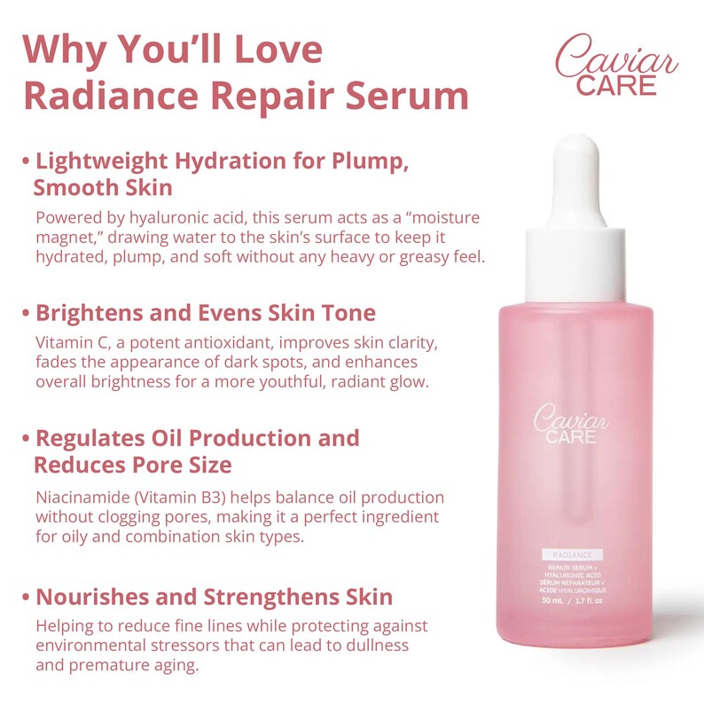 May include: A pink glass bottle of Caviar Care Radiance Repair Serum. The bottle has a white dropper top and a white label with the brand name and product name. The text on the label reads "Caviar Care Radiance Repair Serum Hyaluronic Acid, Niacinamide, Vitamin C, Antioxidant Serum,  30 ml / 1.0 fl oz."