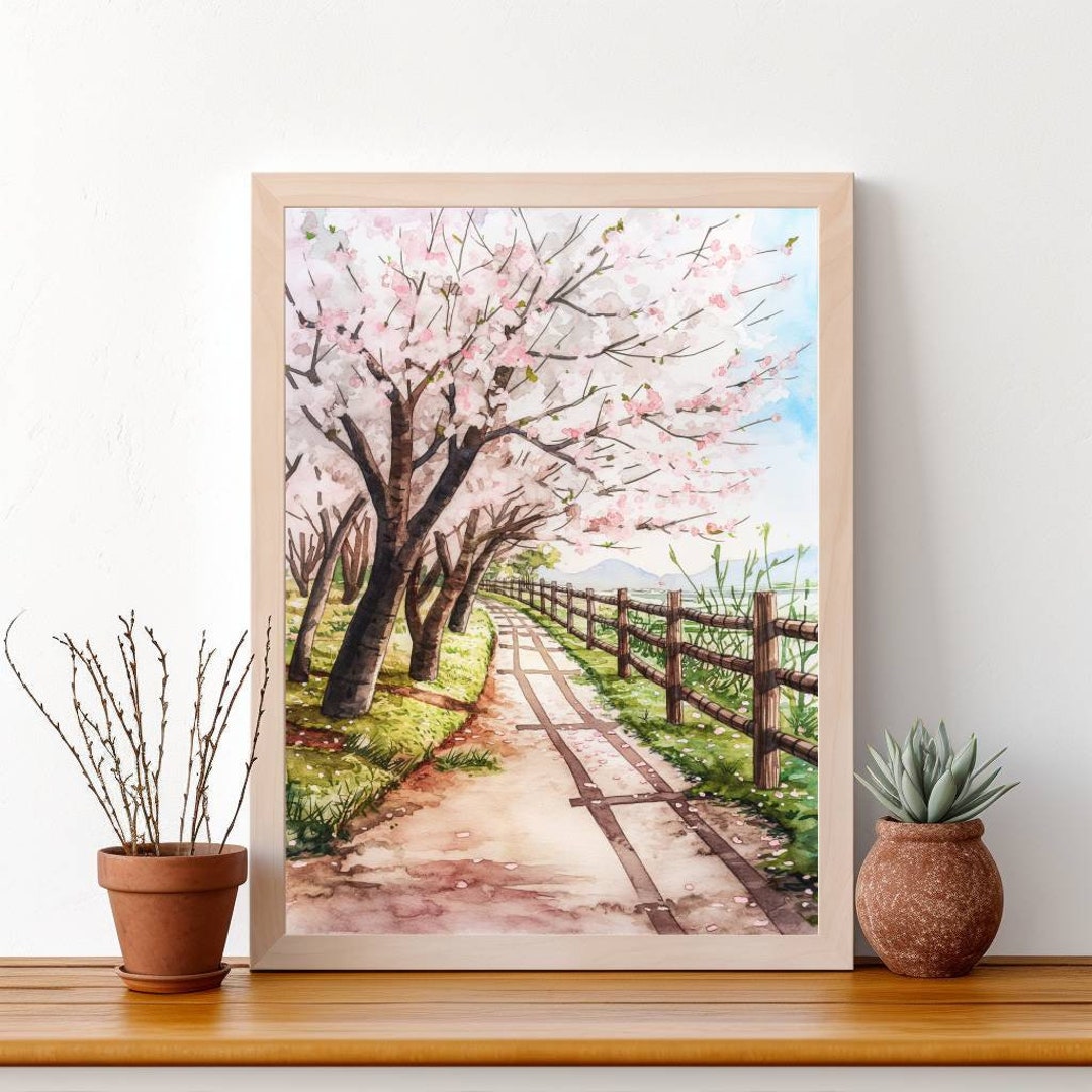 Cherry Blossom Path in Japan, Sakura Tree, Watercolor Painting, Nature ...