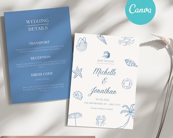Beach Wedding Invitation Template Bundle: Ocean Theme, Seashells (Digital Download 5x7, 5x3.5 inches)