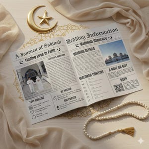 Könnte beinhalten: Eine Hochzeitsanzeige im Zeitungsstil mit der Überschrift "A Journey of Sakinah, Finding Love in Faith". Die Einladung enthält Hochzeitsdetails, einen Zeitplan und einen Hinweis auf Geschenke. Ein goldener Halbmond und Stern sowie eine Perlenkette sind ebenfalls im Bild.