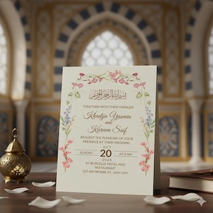 May include: A wedding invitation with floral accents. The invitation features the names Khadija Yasmin and Kareem Saif, along with the date, time, and location of the wedding. The design includes floral elements in pink and purple.