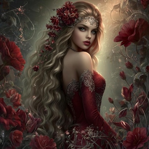 May include: A digital illustration of a woman with long, wavy blonde hair adorned with a floral crown. She wears a red dress with intricate lace detailing. The background features red flowers and a soft, diffused light.