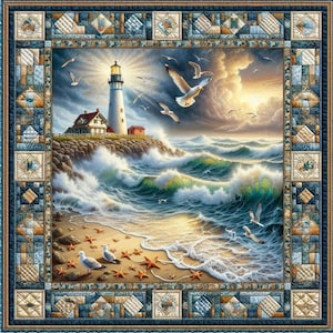 May include: A coastal-themed quilt featuring a lighthouse on a rocky shore, with crashing waves and seagulls. The quilt has a detailed border with geometric patterns in shades of blue, tan, and brown. Starfish are scattered on the sandy beach.