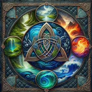 May include: A detailed, colorful illustration featuring a central Celtic knot design surrounded by circular vignettes. The vignettes depict natural elements like waterfalls, mountains, fire, and water, all within a square, ornate border.