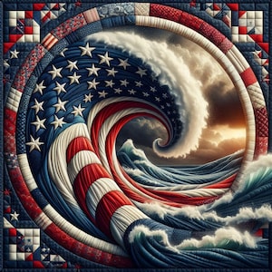 May include: A patriotic quilt featuring a stylized American flag design. The artwork depicts a swirling wave with the stars and stripes, surrounded by a border of red, white, and blue patchwork. The wave is crashing with white foam.