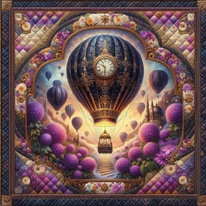 May include: A decorative quilt featuring a whimsical hot air balloon design. The central balloon is navy blue with gold accents and a clock face. Surrounding the balloon are smaller purple balloons, purple flowers, and a castle. The quilt has a quilted border.