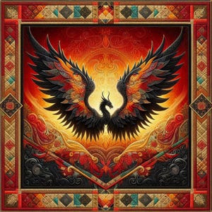 May include: A vibrant, digitally rendered quilt featuring a phoenix with outstretched wings. The bird is black with red, orange, and yellow accents, set against a fiery red and gold background. The quilt has a detailed border with geometric patterns.