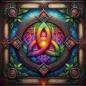 May include: A vibrant, detailed illustration of a Celtic knot design. The artwork features a central triquetra knot in a rainbow of colors, surrounded by intricate knotwork and geometric patterns. The background is a deep blue with ornate borders and decorative elements.