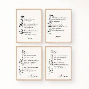 May include: Four printable wall art prints with a black and white design. Each print features the text "The Blessing" in a cursive font and a traditional blessing. The text on the prints includes "The Lord bless you and keep you", "The Lord make his face shine on you and be gracious to you", "The Lord turn his face toward you and give you peace", and "May his favor be upon you; and a thousand generations. And your family and your children, and their children and their children."