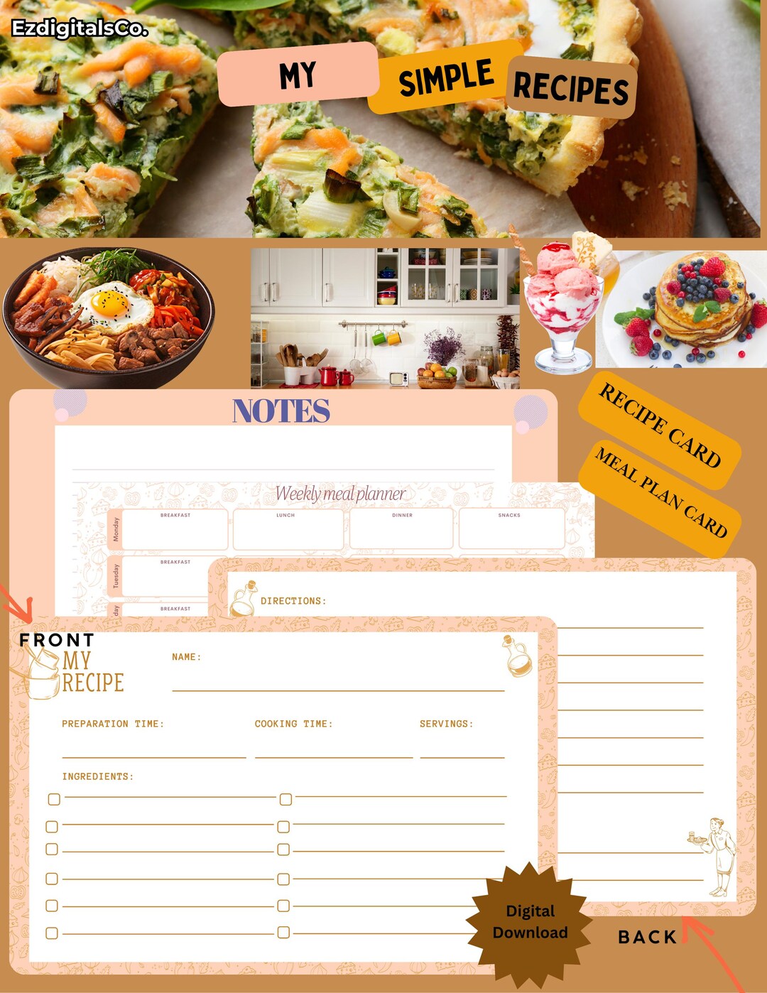 Recipe Cards and Weekly Meal Plan Cards, 6x4 Recipe Cards Double Sided ...
