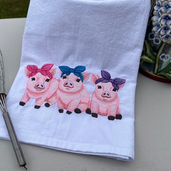 Mom gift, Piglet Trio Embroidered Tea Towel, three pigs with bandanas embroidered in pinks, blues, and purples, customizable bandana colors