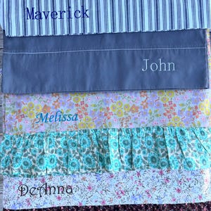 Peut inclure: Une collection d'échantillons de tissus aux motifs et couleurs variés. Le premier échantillon est à rayures bleues et blanches, suivi d'un échantillon gris brodé du nom "John". D'autres échantillons présentent des motifs floraux et à volants, avec des noms brodés.