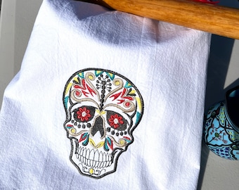 Dia de los Muertos dish towel, Sugar Skull embroidered tea towel in red, yellow, turquoise, and black; Cinco de Mayo kitchen towel, Mexico