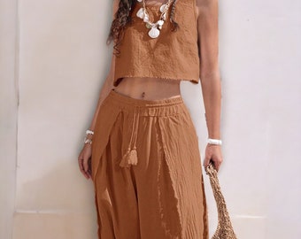 Bohemian Chic Summer Outfit | Square Neck Cropped Top & High-Waisted Pants | Flowy Boho Beach Wear for Women | Lightweight two-piece set