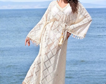 Boho Chic Women's Maxi Dress, Delicate White Lace, Summer Pattern Bohemian Style Dress, Drawstring Waist, Fringe Accents  Sleeve, Beach Wear