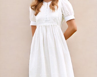 Boho Chic White Maxi Dress, Vintage-Inspired, Puff Sleeved, High Neckline, Smocked Bodice, Full Skirt, Floral Embroidered, Elegant & Breezy