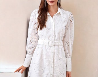 Boho Eyelet Lace Shirt Dress, Bohemian Chic Midi Summer Fashion, Floral Pattern, Cinched Waist, Full Button Placket, Scalloped Hemline