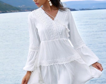 Boho Chic Women's Midi Dress, Summer Bohemian Casual Beach-Style Wear, Floral Crochet Lace Detailing, Relax Fit Tiered Sundress