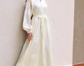 Boho Chic Maxi Dress with Floral Appliqués, Bishop Sleeves, V-Neckline, Embroidered Design, Cinched Waist, Special Occasion High-end Fashion