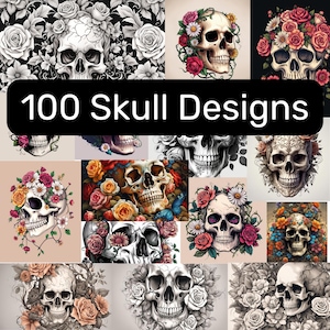 May include: A collage of 100 skull designs featuring various styles and colors. The skulls are surrounded by flowers, including roses, daisies, and other floral elements. Some skulls are black and white, while others are brightly colored. The text "100 Skull Designs" is displayed at the top of the collage.
