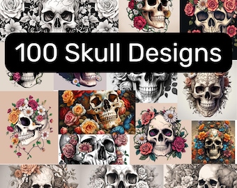 Puede incluir: Un collage de 100 diseños de calaveras con varios estilos y colores. Las calaveras están rodeadas de flores, incluyendo rosas, margaritas y otros elementos florales. Algunas calaveras son en blanco y negro, mientras que otras son de colores brillantes. El texto "100 Skull Designs" se muestra en la parte superior del collage.