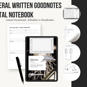 Può includere: Quaderno digitale con il testo "GENERAL WRITTEN GOODNOTES DIGITAL NOTEBOOK". L'immagine mostra un tablet con una copertina a tema fisica, una penna e un foglio di studio di matematica. Sono visibili anche diagrammi aggiuntivi.