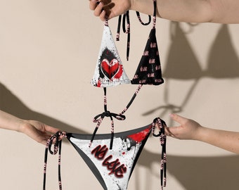 No Love By DGTL String Bikini - Red, Black, White with Graffiti Font and Red Heart