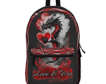 Love & War by DGTL Backpack, College Backpack, Gift for Adult Students, Travel Backpack Red, Black, White Smoke with Dragon and Heart