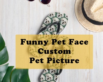 Flip-Flops mit dem Gesicht Ihres Haustieres. Personalisieren Sie Ihre Sandalen mit Ihrem eigenen Haustier! Tolles Geschenk für Outdoor-, Strand- und Abenteuerliebhaber.