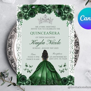 May include: Green and silver Quinceañera invitation with a green floral border, a silver crown, and a drawing of a girl in a green dress. The text reads "MR. & MRS. MSRTINEZ INVITE YOU TO CELEBRATE THE QUINCEAÑERA OF THEIR DAUGHTER Kayla Nicole SUNDAY, AUGUST 31ST 2025 Time FOOD-5-7PM DANCE-8-1AM Reception 123 ANYWHERE RD ANY CITY. TX 75229"
