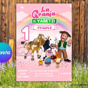 Fille modifiable d'invitation d'anniversaire de La Granja | Toile pour 1er anniversaire d'un animal de la ferme | Invitation numérique ou imprimable en espagnol