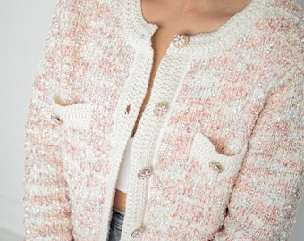 Soft Checked Sleeved Cardigan - Light Pink